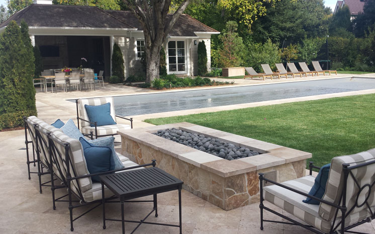 tree, pool, patio fire pit